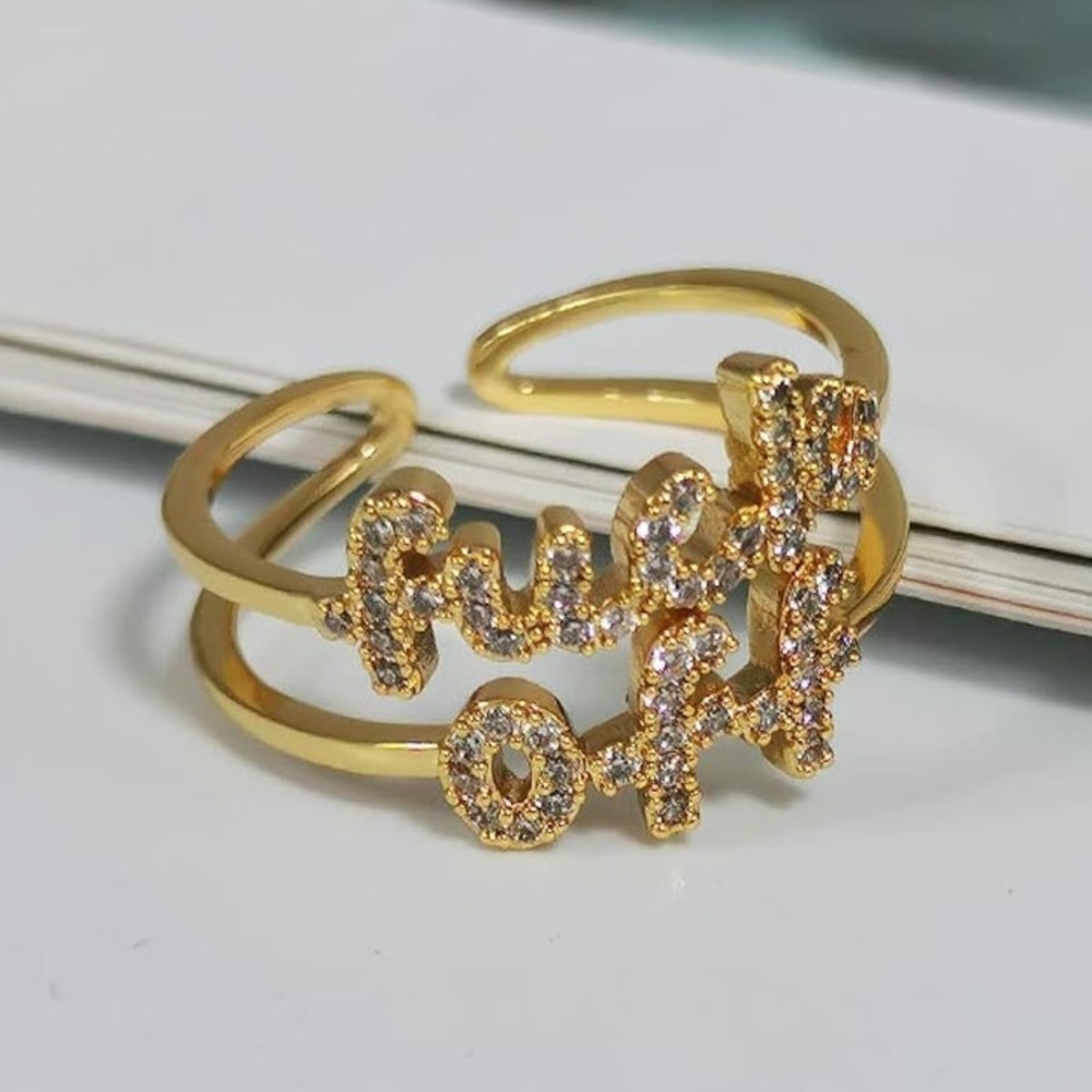 NEW "F*ck Off" 18K Gold Plated CZ Open Ring Statement Novelty Glam Punk Goth